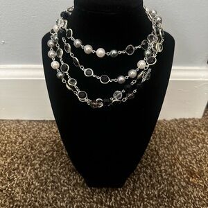 Long Elegant Silver and Black Beaded Necklace